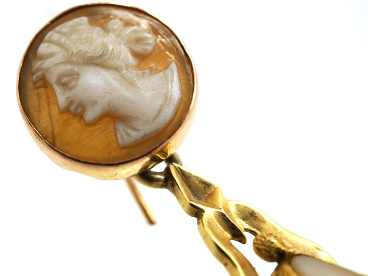Victorian 18ct Gold Long Drop Cameo Earrings of Guardian Angels