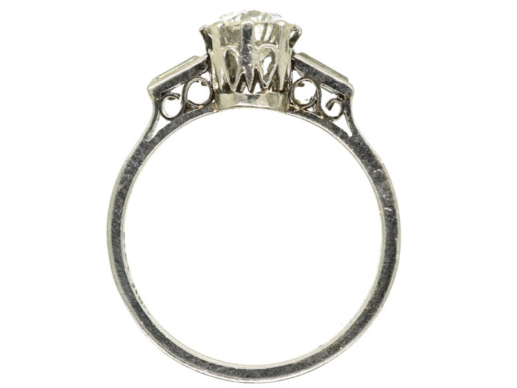 Art Deco Platinum & Diamond Solitaire Ring With Baguette Diamond Shoulders