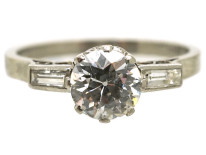 Art Deco Platinum & Diamond Solitaire Ring With Baguette Diamond Shoulders