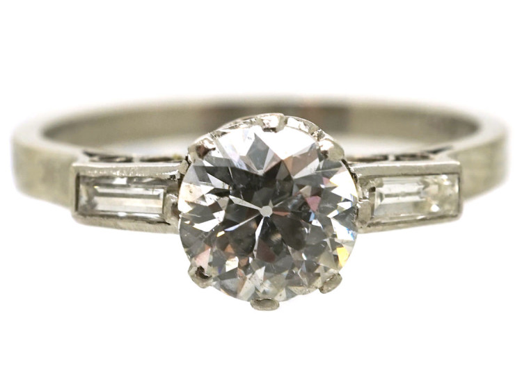 Art Deco Platinum & Diamond Solitaire Ring With Baguette Diamond Shoulders
