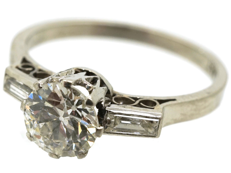 Art Deco Platinum & Diamond Solitaire Ring With Baguette Diamond Shoulders