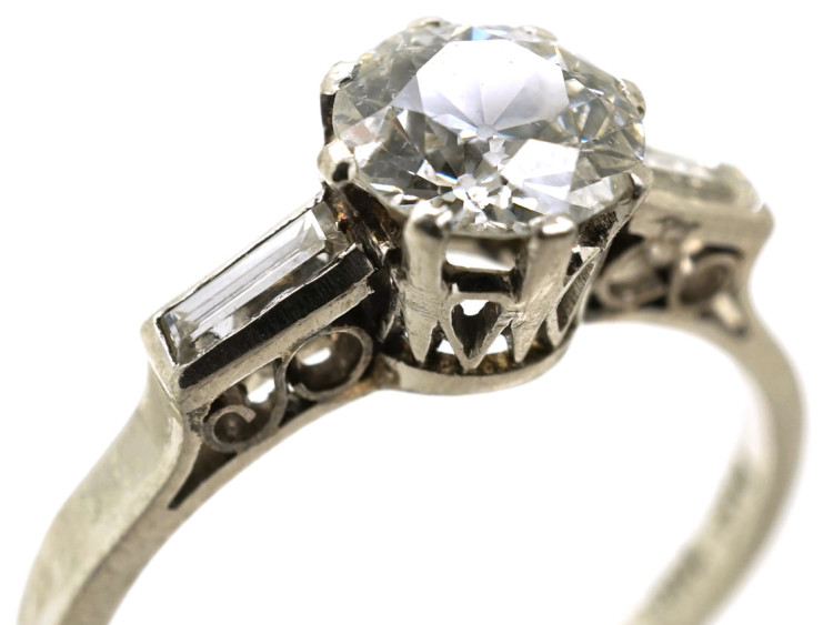 Art Deco Platinum & Diamond Solitaire Ring With Baguette Diamond Shoulders