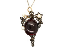 Victorian Cabochon Garnet, Natural Pearl & Rose Diamond Pendant on Chain