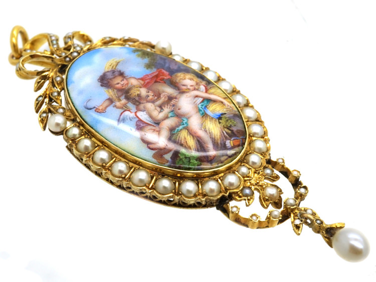 Victorian 18ct Gold, natural Split Pearl & Enamel Miniature Pendant
