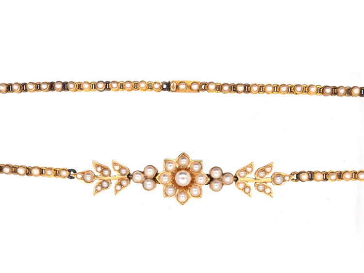 Victorian 18ct Gold & Natural Split Pearl Necklace in Original Case