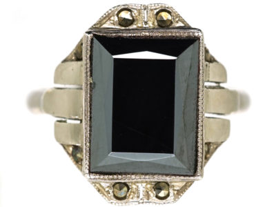 French Art Deco Silver, Haematite & Marcasite Ring