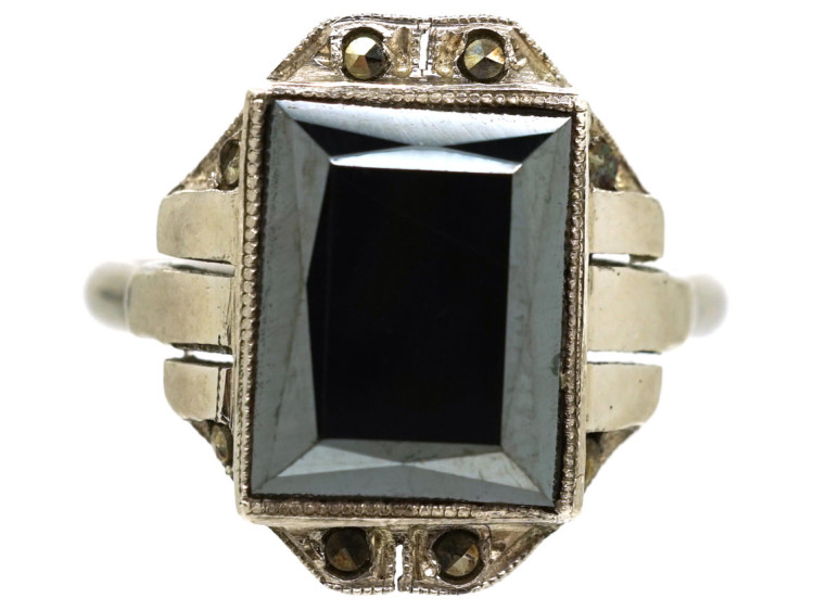 French Art Deco Silver, Haematite & Marcasite Ring