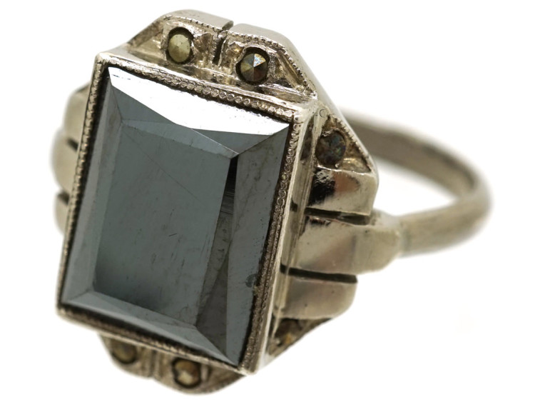 French Art Deco Silver, Haematite & Marcasite Ring