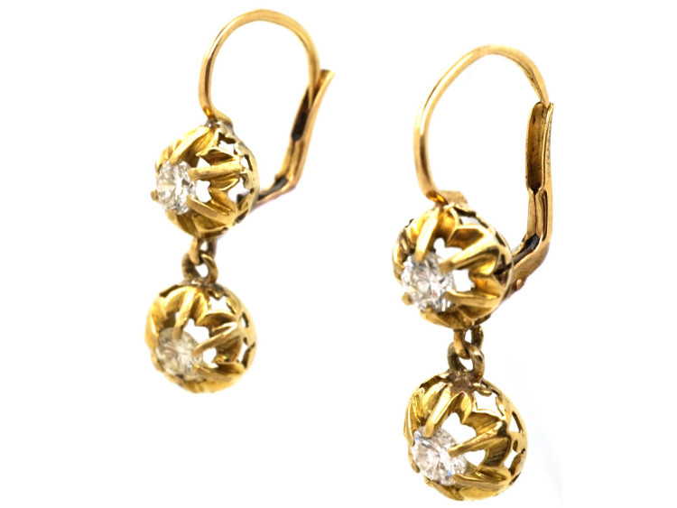 18ct Gold Two Stone Diamond Drop Diamond Earrings