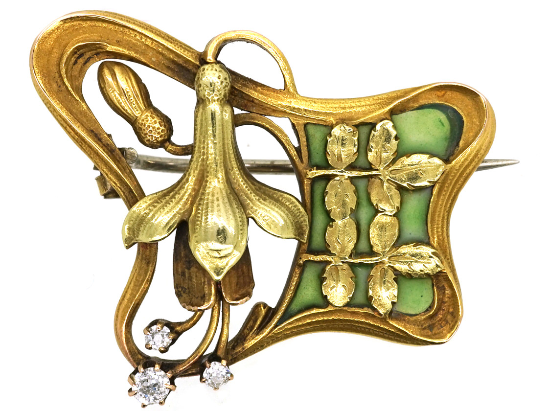 French 18ct Two Colour Gold Art Nouveau Plique-à-Jour & Diamond