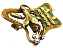 French 18ct Two Colour Gold Art Nouveau Plique-à-Jour & Diamond Fuchsia Brooch