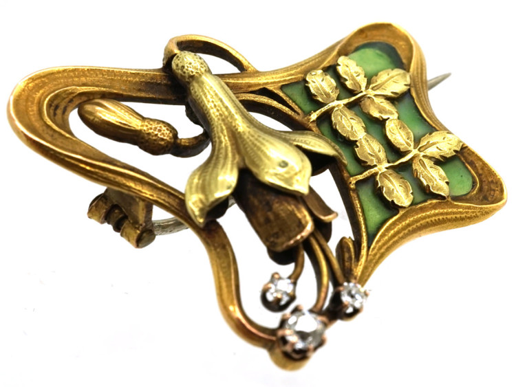 French 18ct Two Colour Gold Art Nouveau Plique-à-Jour & Diamond Fuchsia Brooch