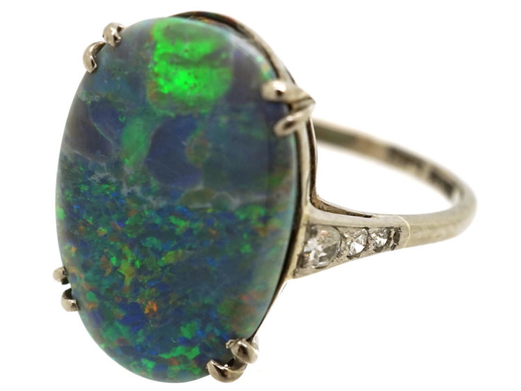Art Deco 18ct Gold, Platinum, Black Opal & Diamond Ring