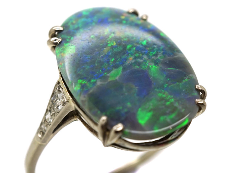 Art Deco 18ct Gold, Platinum, Black Opal & Diamond Ring
