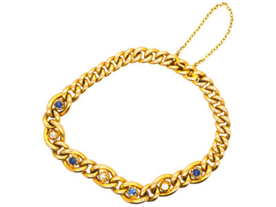 Edwardian 15ct Gold Curb Link Bracelet Set With Sapphires & Diamonds