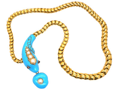 Victorian 18ct Gold, Turquoise Enamel, Natural Split Pearl, Ruby & Rose Diamond Snake Necklace Victorian 18ct Gold, Turquoise Enamel, Natural Split Pearl, Ruby & Rose Diamond Snake Necklace