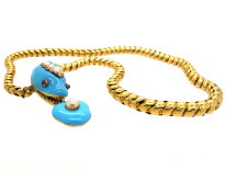 Victorian 18ct Gold, Turquoise Enamel, Natural Split Pearl, Ruby & Rose Diamond Snake Necklace