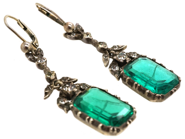 Art Deco Silver & Emerald Paste Drop Earrings