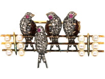 French 18ct Gold Diamond & Ruby Swallows Brooch
