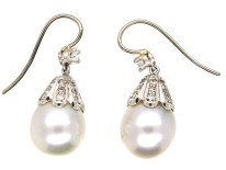 18ct White Gold, Large Pearl & Diamond Drop Earrings