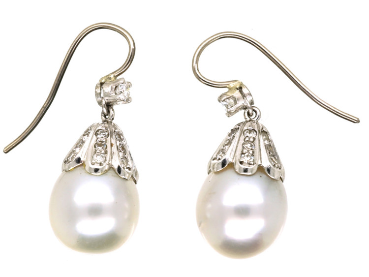 18ct White Gold, Large Pearl & Diamond Drop Earrings