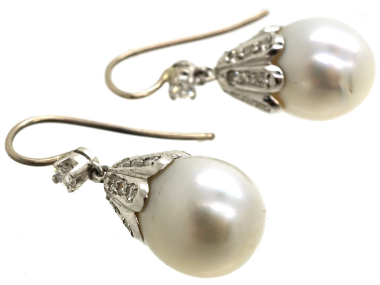 18ct White Gold, Large Pearl & Diamond Drop Earrings