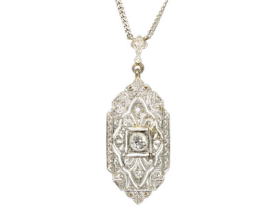 Art Deco 14ct White Gold & Diamond Pendant on 14ct White Gold Chain