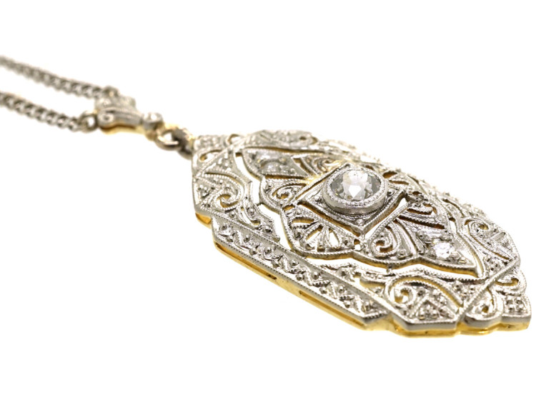 Art Deco 14ct White Gold & Diamond Pendant on 14ct White Gold Chain