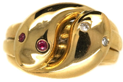 Victorian 18ct Gold Double Snake Ring Set With Rubies & Diamonds