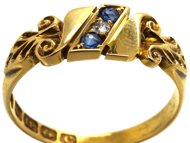 Edwardian 18ct Gold, Sapphire & Diamond Diagonal Crossover Design Ring