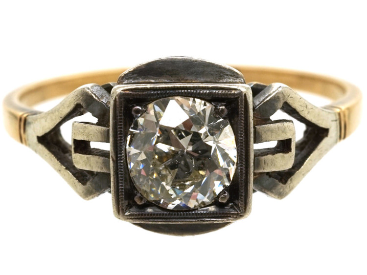 Art Deco 14ct White & Yellow Gold, Diamond Ring With Ornate Shoulders