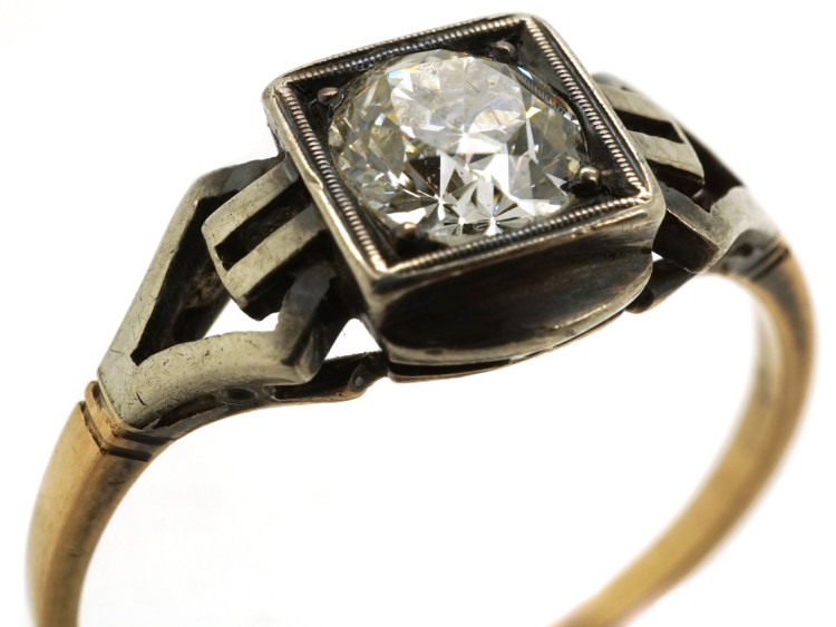 Art Deco 14ct White & Yellow Gold, Diamond Ring With Ornate Shoulders