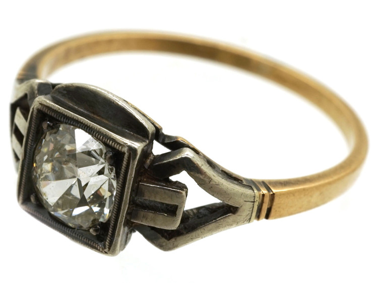 Art Deco 14ct White & Yellow Gold, Diamond Ring With Ornate Shoulders