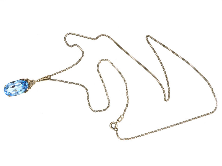 Art Deco Synthetic Blue Spinel Pendant on Silver Chain