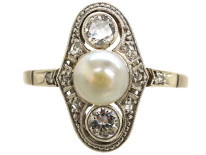 Art Deco Platinum, Natural Pearl & Diamond Ring