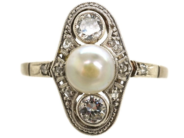 Art Deco Platinum, Natural Pearl & Diamond Ring