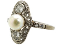 Art Deco Platinum, Natural Pearl & Diamond Ring