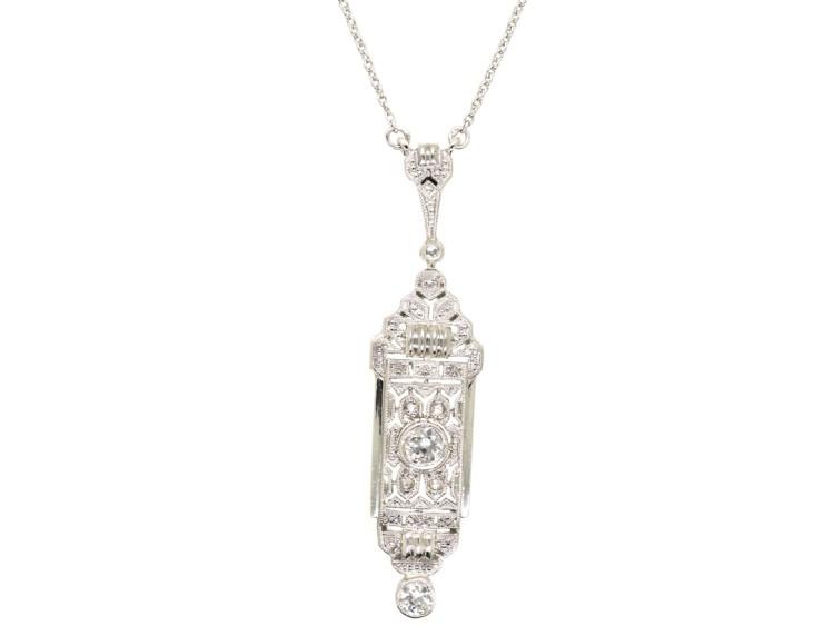 Art Deco 18ct White Gold & Diamond Pendant on Chain