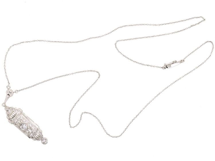 Art Deco 18ct White Gold & Diamond Pendant on Chain