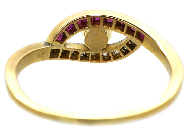 Art Deco 18ct Gold, Platinum, Ruby, Diamond, & Pearl Eye Ring