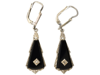 Art Deco Silver, Onyx & Rose Diamond Drop Earrings
