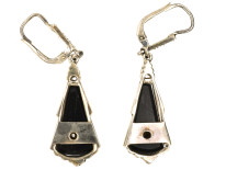 Art Deco Silver, Onyx & Rose Diamond Drop Earrings