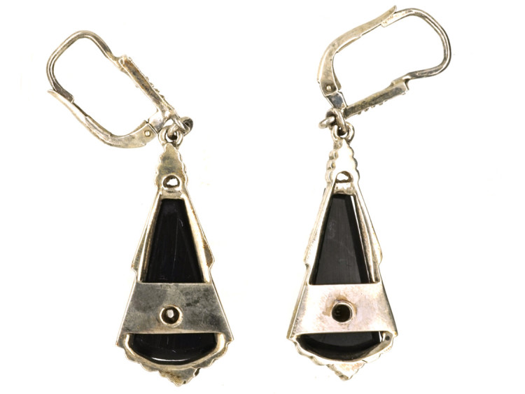 Art Deco Silver, Onyx & Rose Diamond Drop Earrings