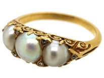 Victorian 18ct Gold & Three Natural Pearl Carved Half Hoop Ring