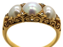 Victorian 18ct Gold & Three Natural Pearl Carved Half Hoop Ring