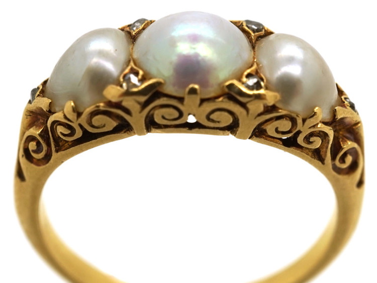 Victorian 18ct Gold & Three Natural Pearl Carved Half Hoop Ring