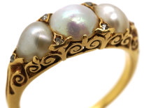 Victorian 18ct Gold & Three Natural Pearl Carved Half Hoop Ring