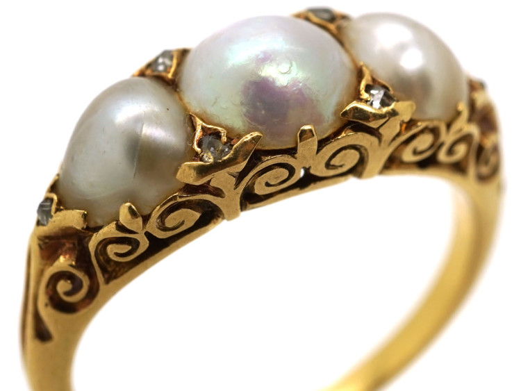 Victorian 18ct Gold & Three Natural Pearl Carved Half Hoop Ring