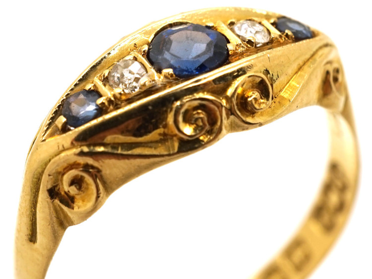 Edwardian 18ct Gold, Three Sapphire & Two Diamond Ring