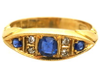 Victorian 18ct Gold, Three Stone Sapphire & Diamond Ring